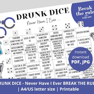 Drunk Dice Never Have I Ever Break the Rules Questions Printable Drinking Board Game Drink if Adult Party Game Roll the Dice Alcohol Game