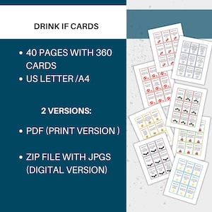 May include: A printable set of 40 pages of "Drink If" cards, featuring 360 cards in total. The cards are designed for use in US Letter or A4 paper sizes. The image shows a variety of cards with different themes, including strawberries, caterpillars, bats, and stars. The cards are available in two versions: a PDF print version and a digital version with JPG files.