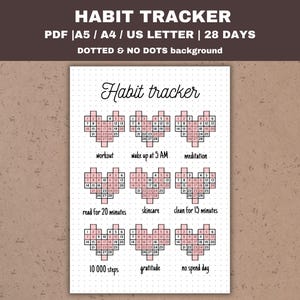 Könnte beinhalten: Ein druckbarer Habit Tracker mit einem rosa-weißen Herzdesign. Der Tracker umfasst 28 Tage und beinhaltet Gewohnheiten wie Training, Aufwachen um 5 Uhr morgens, Meditation, 20 Minuten Lesen, Hautpflege, 15 Minuten Putzen, 10.000 Schritte, Dankbarkeit und einen Tag ohne Ausgaben.