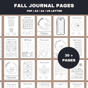 May include: A selection of printable autumn journal pages, featuring mood trackers, habit trackers, and fall-themed activities. The pages are in black and white and available in PDF format, A5, A4, and US Letter sizes. The image shows over 30 pages.