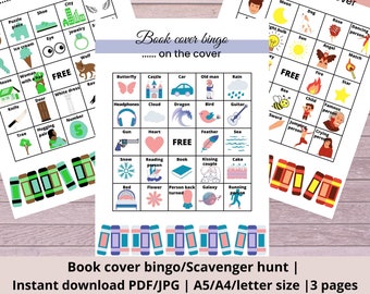 Book Cover Bingo, Book Scavenger Hunt for Kids and Adults, Reading Challenge, Bookish Bingo, Book Themed Scavenger Hunt Libarary Kids Game