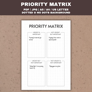 Op de afbeelding: Een zwart-witte printbare prioriteitenmatrix met vier kwadranten met de labels "Urgent & Belangrijk", "Niet Urgent Maar Belangrijk", "Urgent Maar Niet Belangrijk" en "Niet Urgent & Niet Belangrijk". Elk kwadrant heeft een gestippelde achtergrond en ruimte om taken te schrijven.