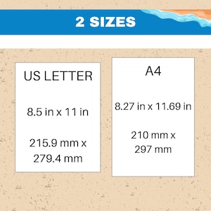 May include: Image showing two paper sizes: US Letter (8.5 in x 11 in, 215.9 mm x 279.4 mm) and A4 (8.27 in x 11.69 in, 210 mm x 297 mm). The text "2 SIZES" is at the top.