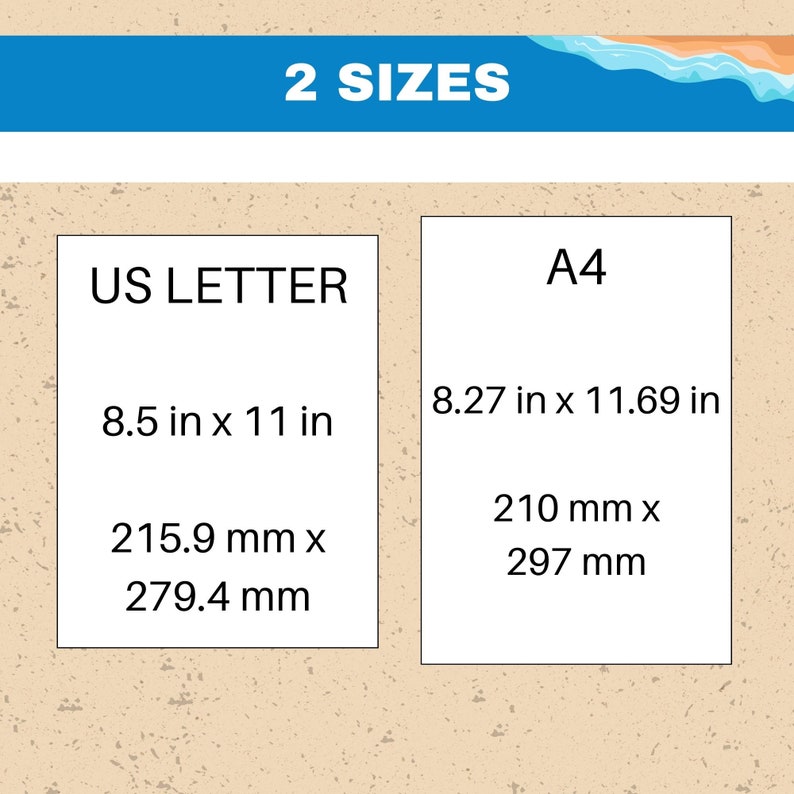 May include: Image showing two paper sizes: US Letter (8.5 in x 11 in, 215.9 mm x 279.4 mm) and A4 (8.27 in x 11.69 in, 210 mm x 297 mm). The text "2 SIZES" is at the top.