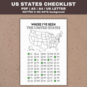 Checklist 50 staten afdrukbare kaart van de Verenigde Staten Amerikaanse staten reisdagboek opsommingsteken planner invoegingen pagina gestippelde dagboek pdf