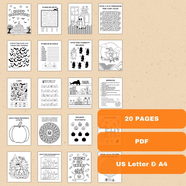 K&ouml;nnte beinhalten: Eine Sammlung von 20 druckbaren Halloween-Aktivit&auml;tsseiten im PDF-Format. Enth&auml;lt Wortsuchr&auml;tsel, Labyrinthe, Malvorlagen und R&auml;tsel. Die Seiten sind f&uuml;r die Papierformate US Letter und A4 konzipiert. Die Titelseite tr&auml;gt die Aufschrift "Happy Halloween".