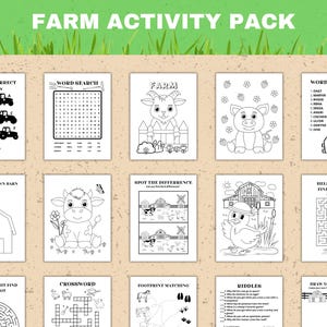 Op de afbeelding: Een zwart-witte printbare activiteitenset met een boerderijthema. De set bevat activiteiten zoals zoek de juiste schaduw, woordzoeker, zoek het verschil, kruiswoordpuzzel, voetafdrukmatch, raadsels en teken je eigen boerderij.