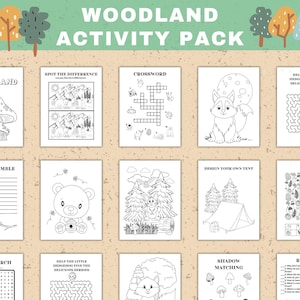 Feuilles d'activités forestières imprimables | Coloriages d'animaux des bois, labyrinthes et mots cachés