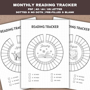 Tracker di lettura mensile Tracker di lettura stampabile Tracker di lettura di 12 mesi Sfida di lettura Progresso di lettura Bullet Planner Pagina punteggiata