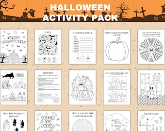 May include: A Halloween Activity Pack with various black and white activity pages. The pages include "I Spy", "Word Scramble", "Give This Pumpkin a Face", mazes, riddles, and a crossword puzzle. The top of the image has the text "Halloween Activity Pack".