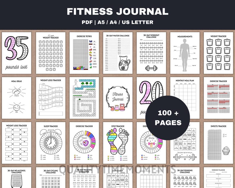 Fitness journal bundle - contains more than 100 pages. There are challenges, weight loss trackers, exercise bingo, step tracker, healthy living pages, meal planning pages