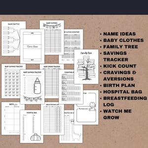 Pode incluir: Um conjunto de p&aacute;ginas imprim&iacute;veis para planejar o beb&ecirc;. Inclui layouts para ideias de nomes, roupas de beb&ecirc;, &aacute;rvore geneal&oacute;gica, rastreador de economia, contagem de chutes, desejos, plano de nascimento, bolsa de hospital e registro de amamenta&ccedil;&atilde;o.