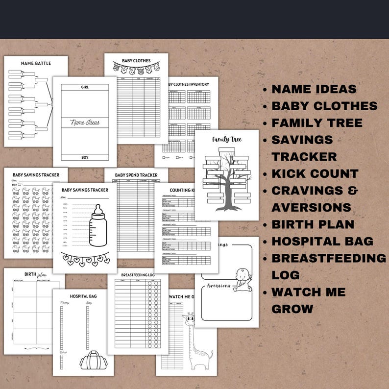 Pode incluir: Um conjunto de p&aacute;ginas imprim&iacute;veis para planejar o beb&ecirc;. Inclui layouts para ideias de nomes, roupas de beb&ecirc;, &aacute;rvore geneal&oacute;gica, rastreador de economia, contagem de chutes, desejos, plano de nascimento, bolsa de hospital e registro de amamenta&ccedil;&atilde;o.