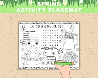 Mantel individual de actividades de primavera para imprimir. Actividad de fiesta para niños. Páginas para colorear de primavera.