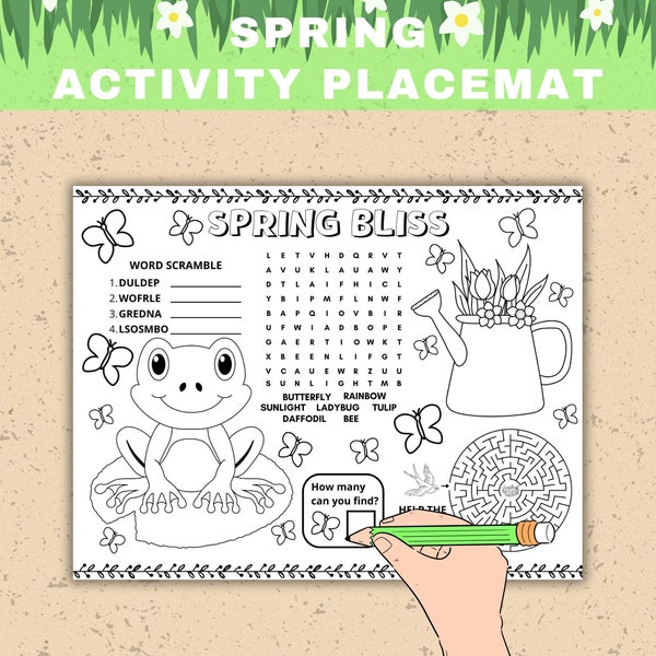 Spring Activity Placemat Printable Spring Party Activity for Kids Spring Activity Mat Kids Classroom Spring Coloring Pages