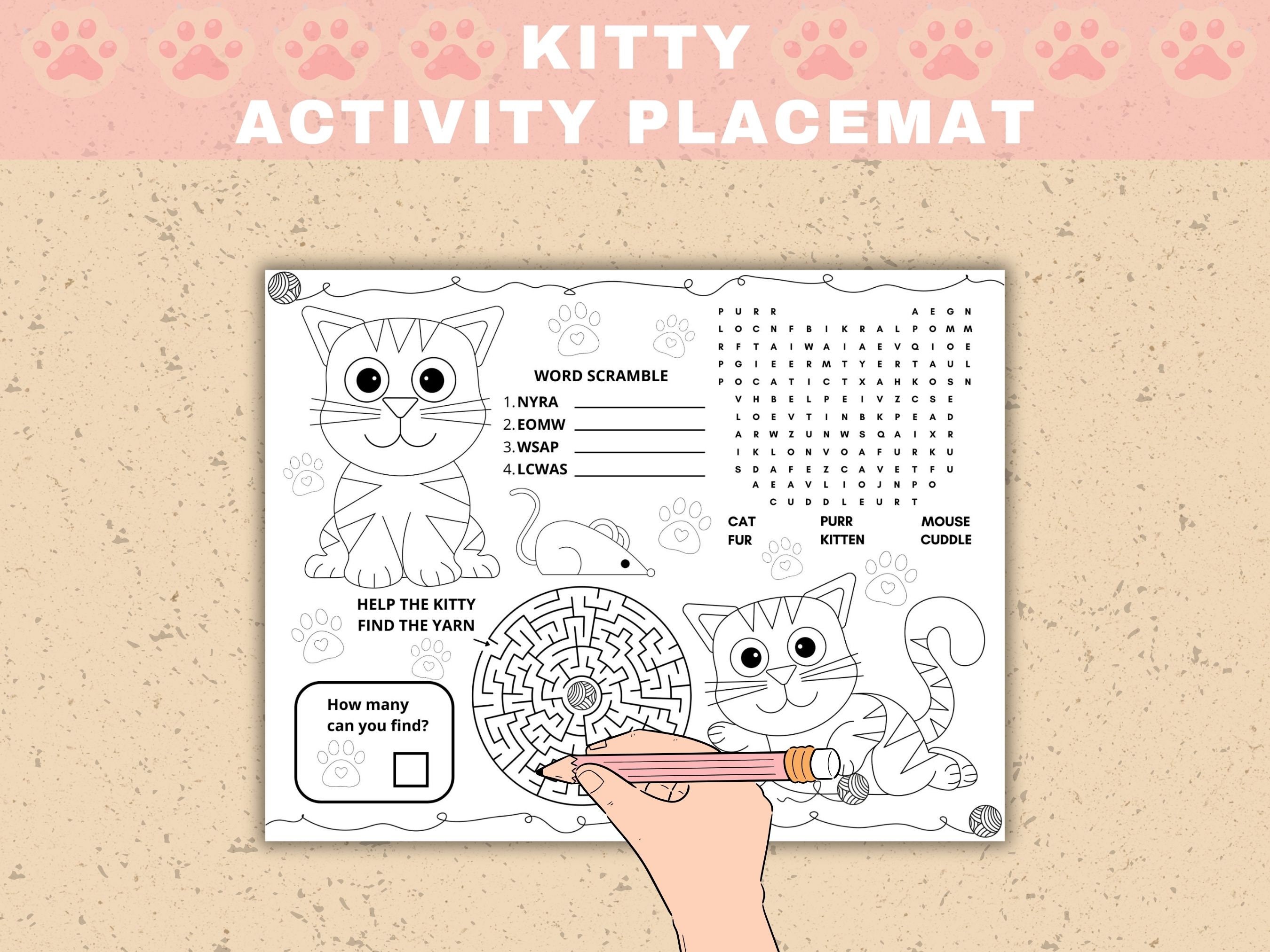 Kitty Activity Placemat Printable Cat Activity for Kids Cat Themed Birthday Party Activity Page ...