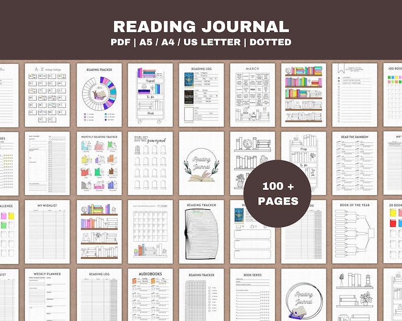 Printable reading journal bundle with over 100 planner pages for book lovers, including reading trackers, challenges, and review pages
