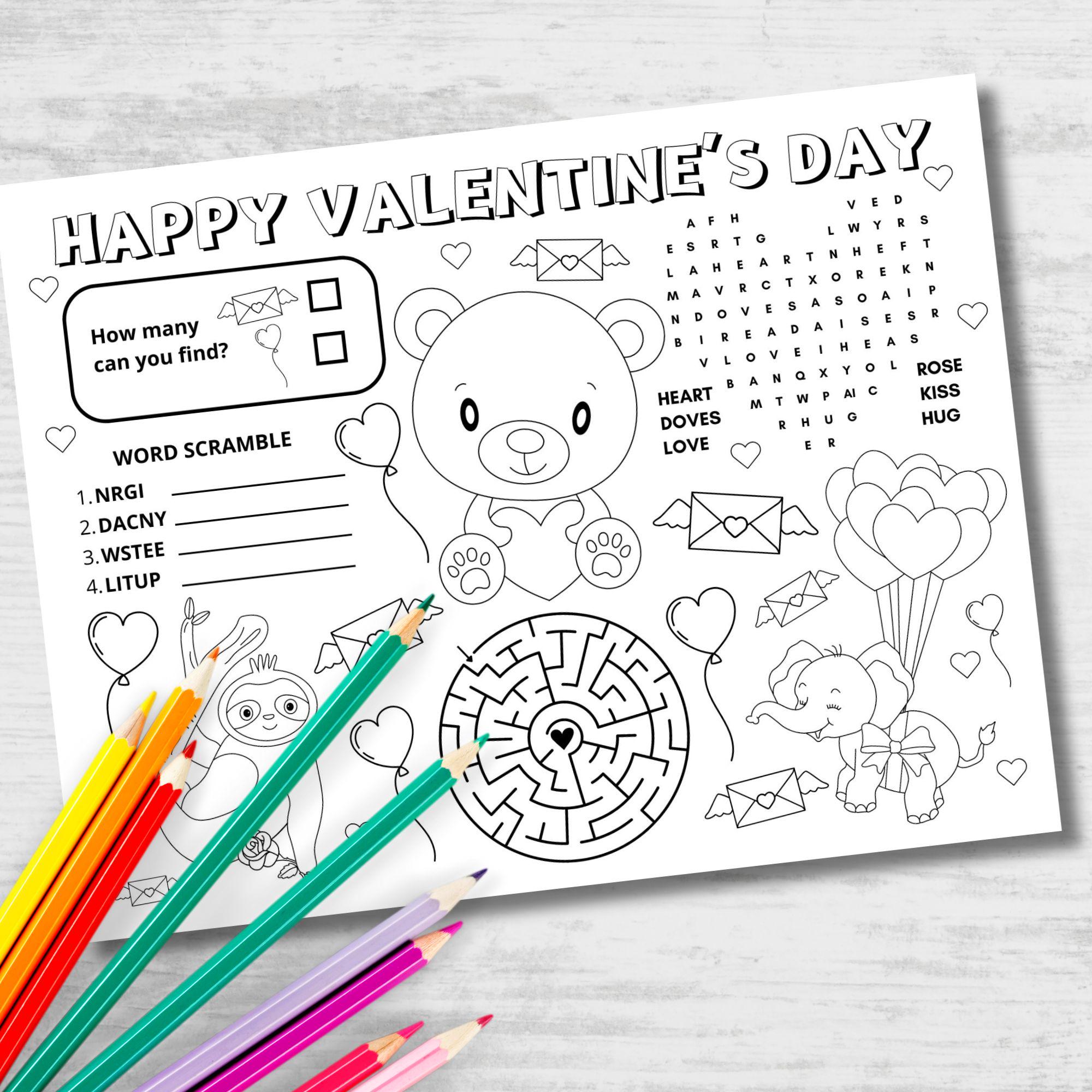Valentines Activity Placemat Printable Valentines Activity for Kids ...