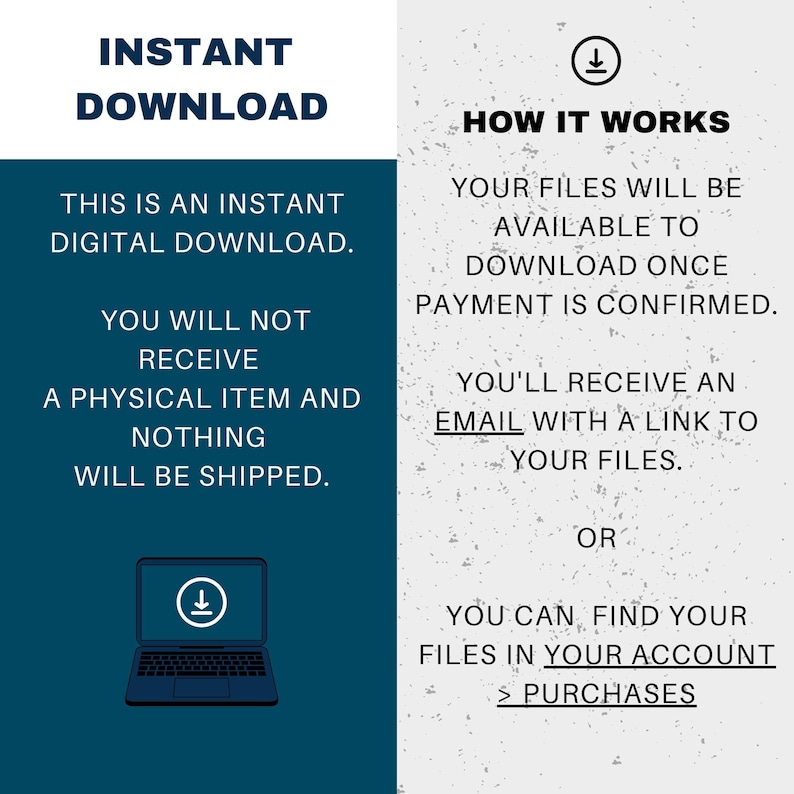 May include: A teal and white graphic with the text "INSTANT DOWNLOAD" and "HOW IT WORKS". The graphic explains that the purchase is a digital download and that the files will be available to download once payment is confirmed. The files can be downloaded via email or by accessing the account.