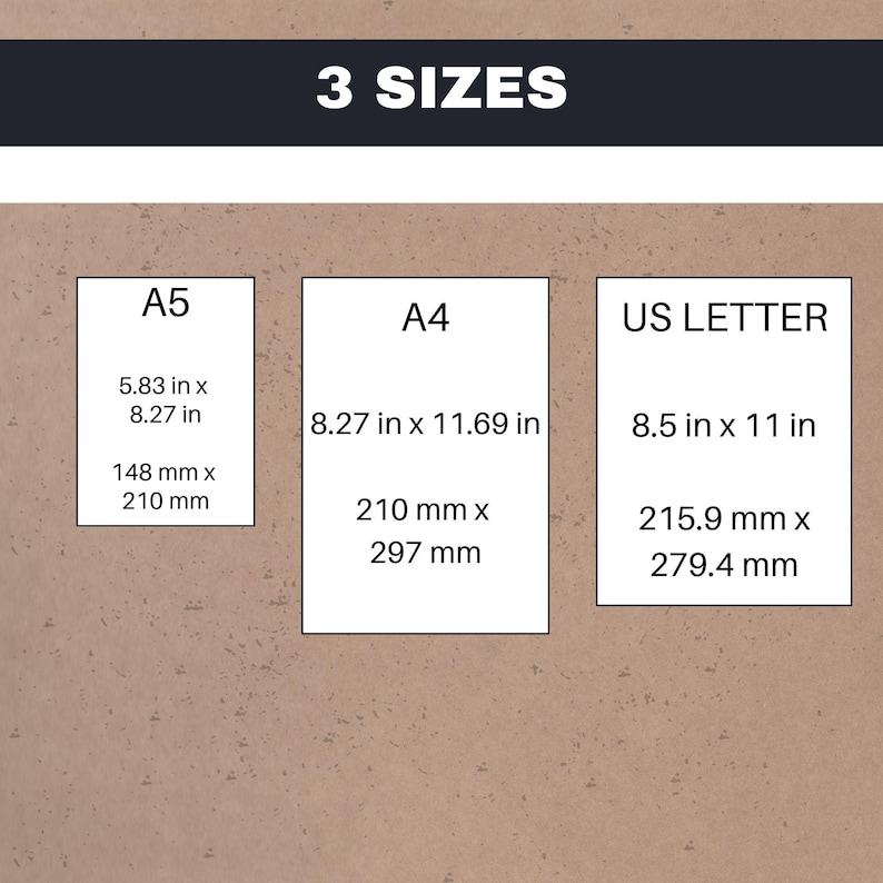 3 sizes: a4, a5 and us letter