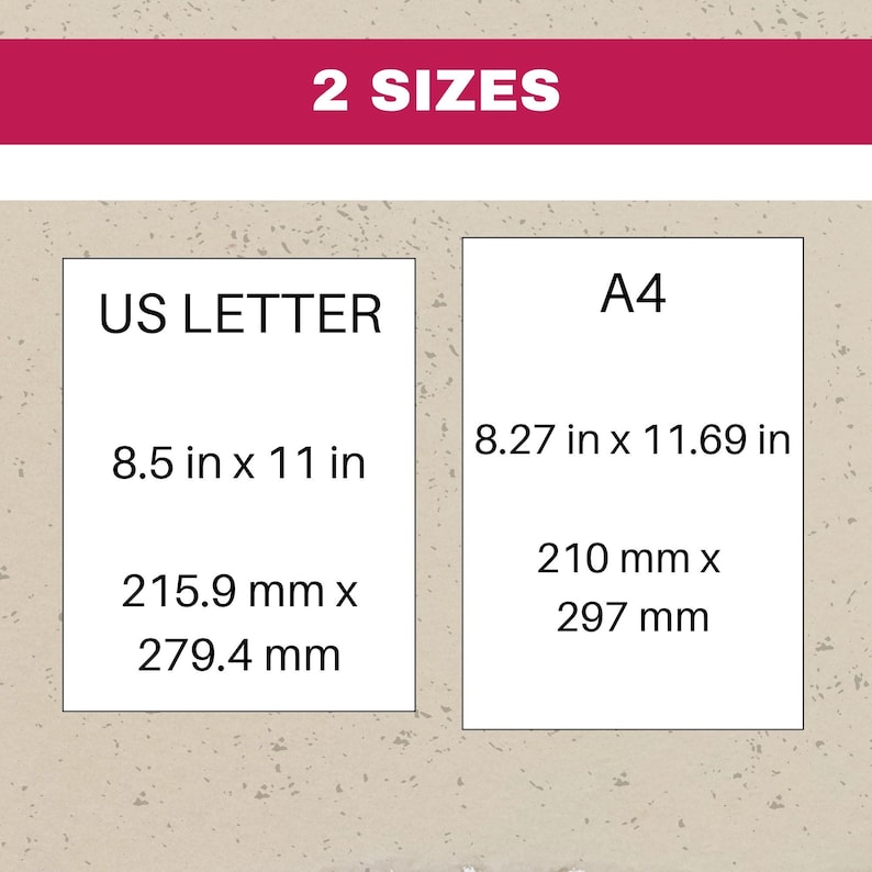 May include: Two paper sizes are shown: US Letter, 8.5 inches by 11 inches, and A4, 8.27 inches by 11.69 inches. The measurements are also shown in millimeters.