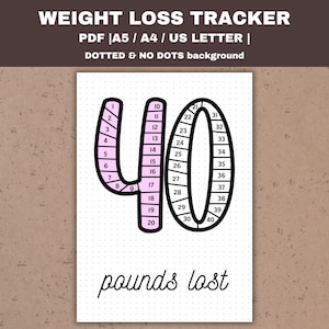 May include: A printable weight loss tracker with a pink and black design. The tracker features a number 40 with a dotted background. The text "pounds lost" is written below the number.