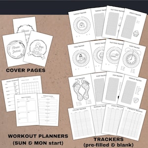 this fitness journal contains 3 cover pages, workout planner - daily, weekly, monthly with sunday and monday start, a lotof tracker: cycling, step, running, strength training, sleep, yoga, takeout, sweets, fast food, ...