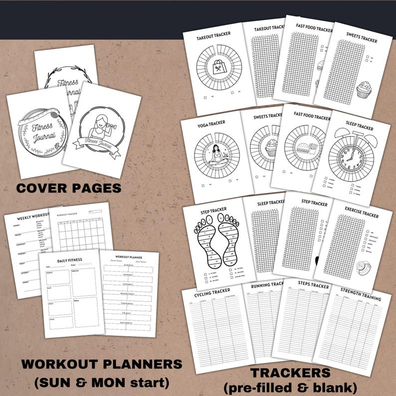 this fitness journal contains 3 cover pages, workout planner - daily, weekly, monthly with sunday and monday start, a lotof tracker: cycling, step, running, strength training, sleep, yoga, takeout, sweets, fast food, ...