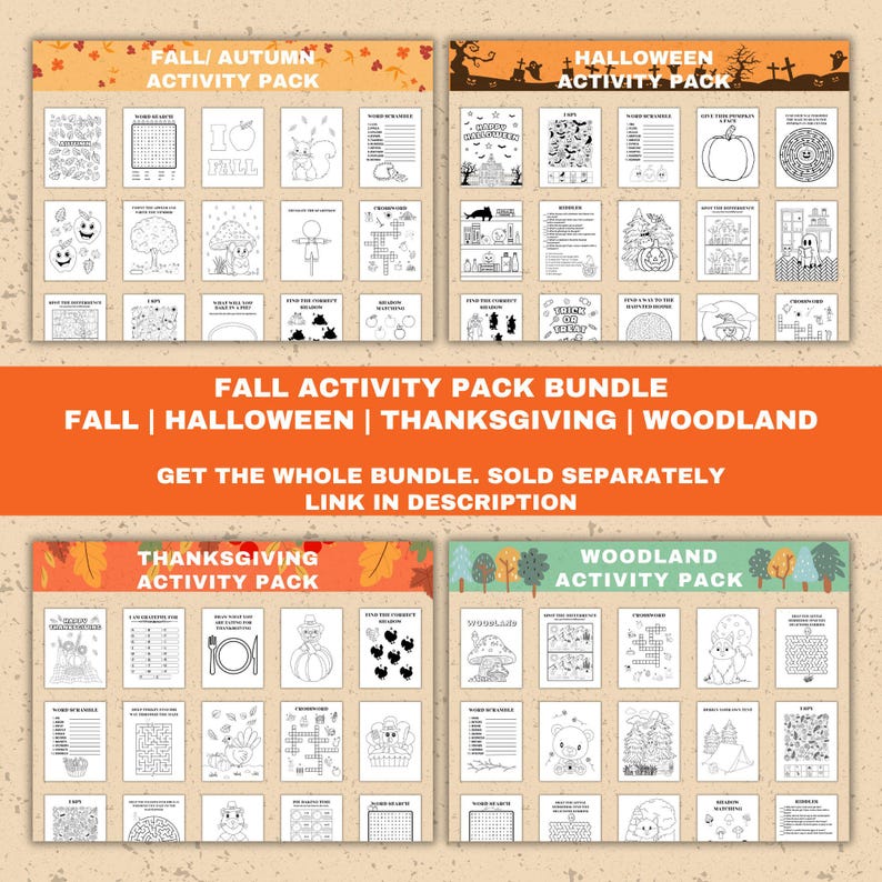 Fall activity pack bundle: Fall/ Autumn, Halloween, Thanksgiving, Woodland. Get the whole bundle. Sold separately. Link in description