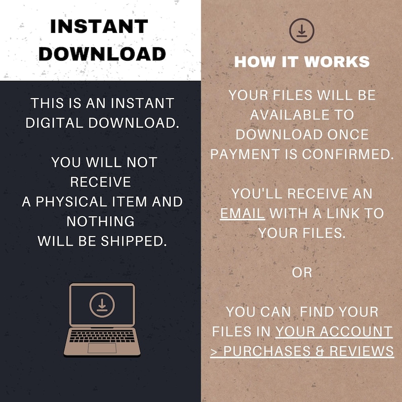 Pode incluir: Imagem anunciando um download digital instant&acirc;neo. O texto &agrave; esquerda diz "Download instant&acirc;neo" e explica que nenhum item f&iacute;sico ser&aacute; enviado. O lado direito explica como baixar os arquivos ap&oacute;s a confirma&ccedil;&atilde;o do pagamento.