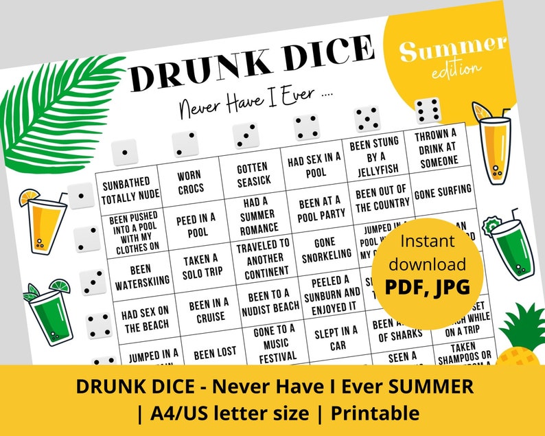 Drunk Dice Never Have I Ever Summer Printable Drinking Board Game Drink ...