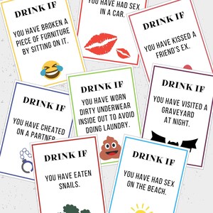 May include: A set of colorful cards with the text "Drink If" and various prompts for drinking games. The cards feature emojis and illustrations, such as a poop emoji, a graveyard, and a pair of handcuffs.