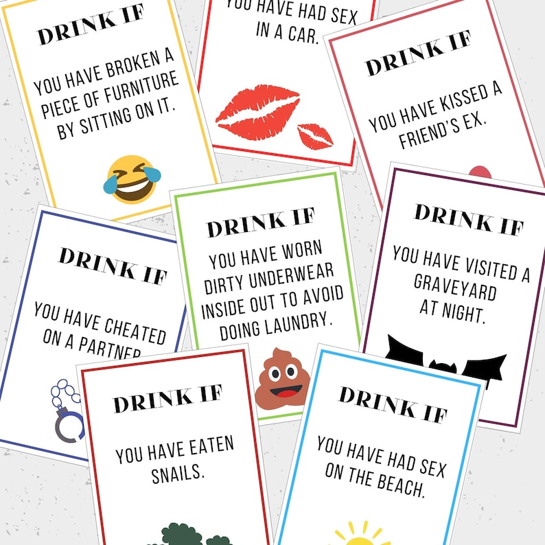 May include: A set of colorful cards with the text "Drink If" and various prompts for drinking games. The cards feature emojis and illustrations, such as a poop emoji, a graveyard, and a pair of handcuffs.