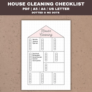 May include: Printable house cleaning checklist in the shape of a house. The checklist is divided into sections for different areas of the house, such as the kitchen, bathroom, and living room. Each section has a list of tasks to be completed, such as "mop the floor", "clean the sink", and "replace towels".