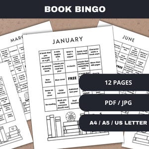 Book Bingo Sfida di lettura mensile Pagina del diario Stampabile Gioco TBR Pagina del diario di lettura Pagina Book Bingo Sfida Gioco del club del libro