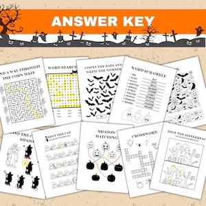 K&ouml;nnte beinhalten: Eine Sammlung von Arbeitsbl&auml;ttern zum Thema Halloween. Die Bl&auml;tter enthalten ein Maislabyrinth, eine Wortsuche, das Z&auml;hlen von Flederm&auml;usen, ein Wortsuchspiel und andere R&auml;tsel. Der Satz "ANSWER KEY" steht oben. Die Bl&auml;tter sind schwarz und wei&szlig;.
