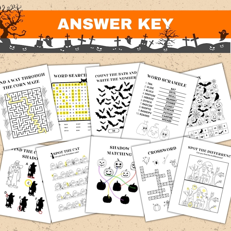K&ouml;nnte beinhalten: Eine Sammlung von Arbeitsbl&auml;ttern zum Thema Halloween. Die Bl&auml;tter enthalten ein Maislabyrinth, eine Wortsuche, das Z&auml;hlen von Flederm&auml;usen, ein Wortsuchspiel und andere R&auml;tsel. Der Satz "ANSWER KEY" steht oben. Die Bl&auml;tter sind schwarz und wei&szlig;.