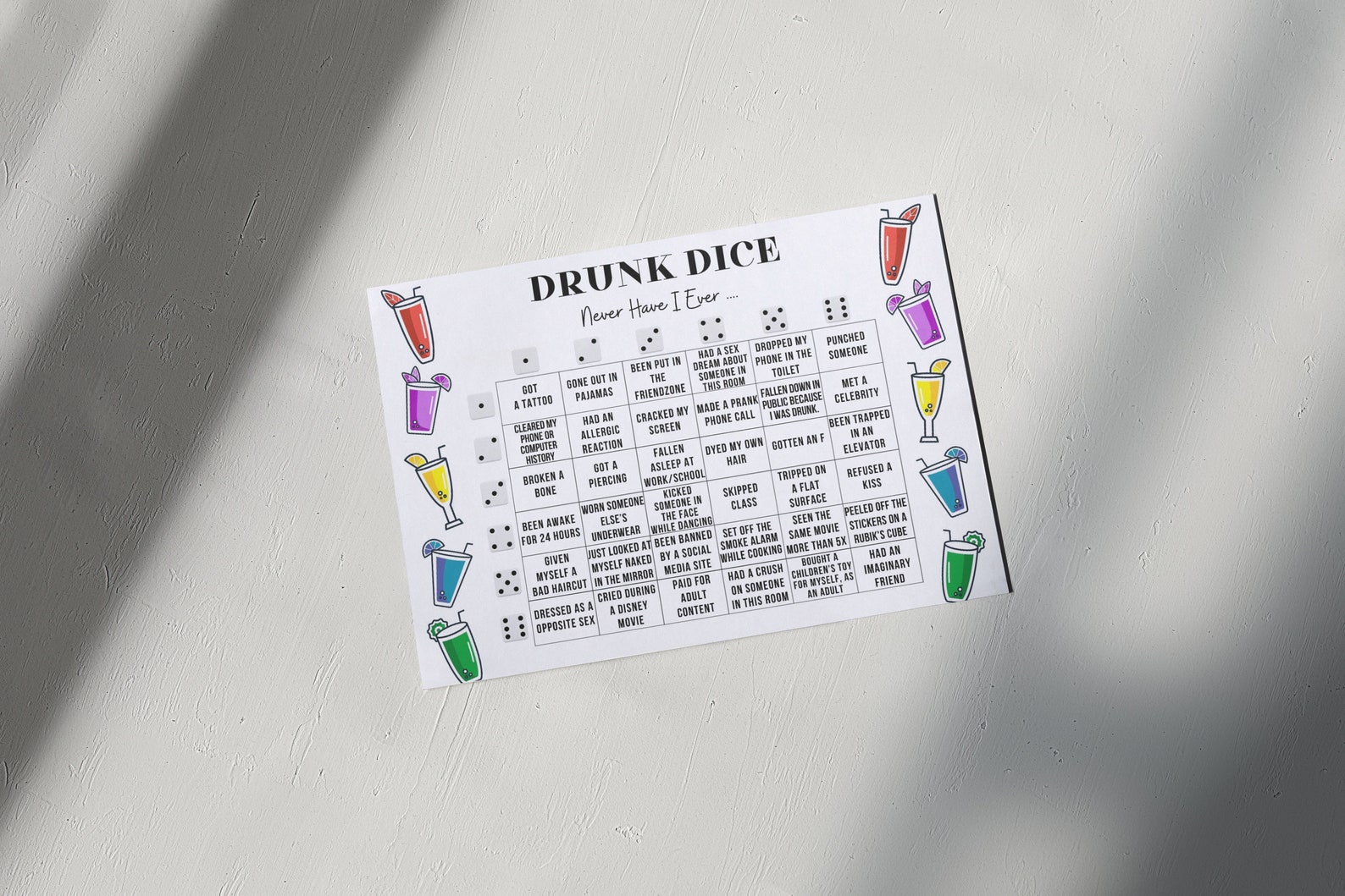 Drunk Dice Never Have I Ever Printable Drinking Board Game Drink If