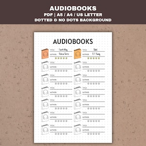 Könnte beinhalten: Ein druckbarer Audiobook-Tracker mit gepunktetem Hintergrund. Der Tracker bietet Platz für die Auflistung von Titel, Autor und Bewertung von Hörbüchern. Der Tracker enthält auch eine Grafik von Kopfhörern.