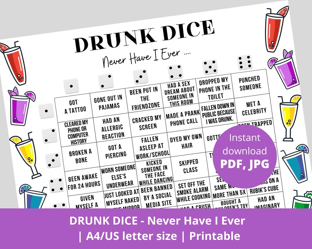 Drunk Dice Never Have I Ever Printable Drinking Board Game Drink If