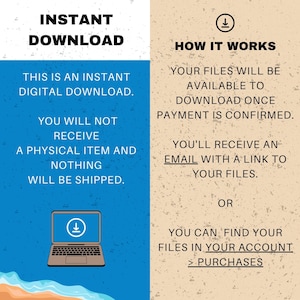 May include: An informational graphic with the text "INSTANT DOWNLOAD" and "HOW IT WORKS". The left side explains that it is a digital download, and no physical item will be shipped. The right side explains how to download the files after payment.