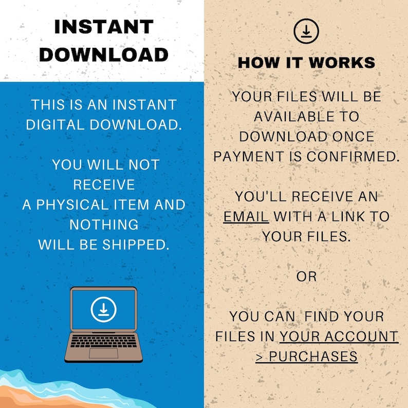May include: An informational graphic with the text "INSTANT DOWNLOAD" and "HOW IT WORKS". The left side explains that it is a digital download, and no physical item will be shipped. The right side explains how to download the files after payment.