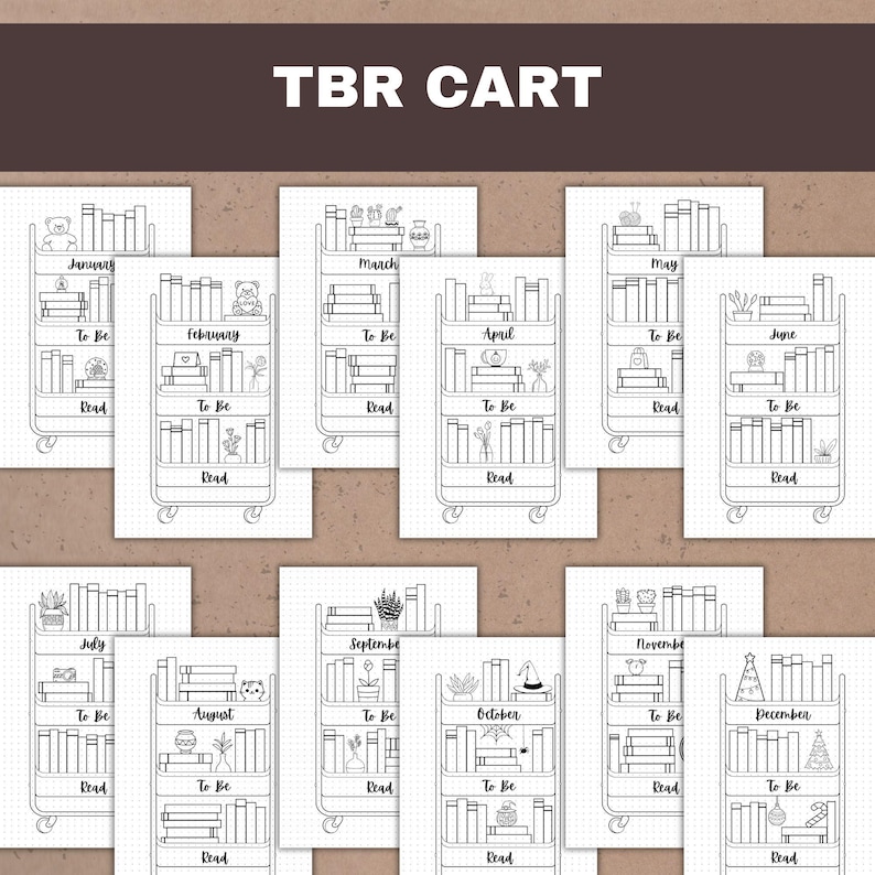 this reading journal bundle contains: 12 tbr carts pages for each month