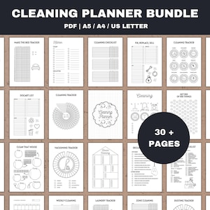 May include: A printable cleaning planner bundle with over 30 pages of checklists, trackers, and charts. The pages are black and white and feature various cleaning-related illustrations.