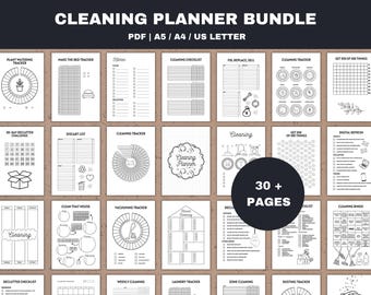 May include: A printable cleaning planner bundle with over 30 pages of checklists, trackers, and charts. The pages are black and white and feature various cleaning-related illustrations.