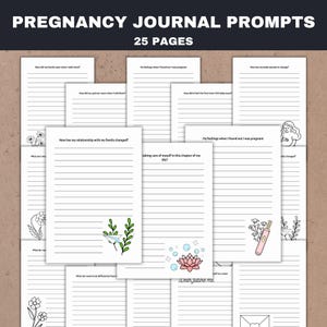 Pode incluir: Um conjunto de 25 p&aacute;ginas de prompts para um di&aacute;rio de gravidez. As p&aacute;ginas do di&aacute;rio t&ecirc;m espa&ccedil;os com linhas para escrever e incluem ilustra&ccedil;&otilde;es decorativas de flores, uma flor de l&oacute;tus e um teste de gravidez. O t&iacute;tulo do di&aacute;rio &eacute; "Pregnancy Journal Prompts."