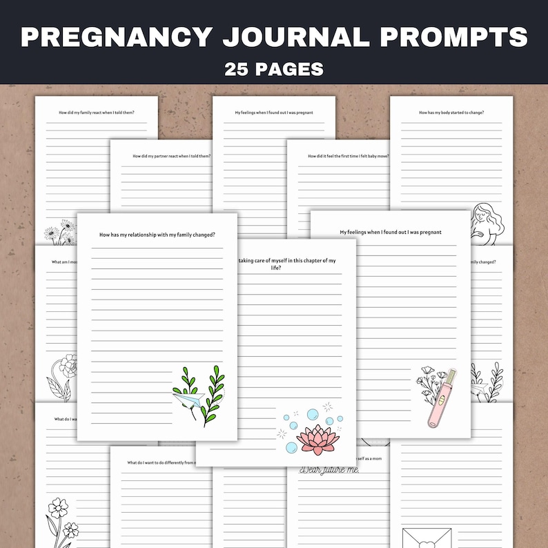 Pode incluir: Um conjunto de 25 p&aacute;ginas de prompts para um di&aacute;rio de gravidez. As p&aacute;ginas do di&aacute;rio t&ecirc;m espa&ccedil;os com linhas para escrever e incluem ilustra&ccedil;&otilde;es decorativas de flores, uma flor de l&oacute;tus e um teste de gravidez. O t&iacute;tulo do di&aacute;rio &eacute; "Pregnancy Journal Prompts."