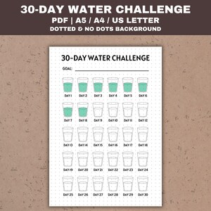 Könnte beinhalten: Ein druckbarer 30-Tage-Wasser-Challenge-Tracker mit gepunktetem Hintergrund. Der Tracker zeigt 30 Gläser, die jeweils einen Tag der Challenge repräsentieren. Die Gläser sind mit einer hellblauen Flüssigkeit gefüllt, um die Wasseraufnahme anzuzeigen. Der Text "30-Day Water Challenge" und "Goal:" befindet sich oben auf dem Tracker.