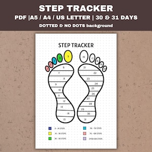 May include: A printable step tracker with a footprint design. The tracker is divided into 31 sections, each representing a day of the month. The sections are color-coded to indicate different step goals: 0-1K steps (blue), 1K-3K steps (yellow), 3K-5K steps (green), 5K-7K steps (light blue), 7K-10K steps (pink), and over 10K steps (purple).