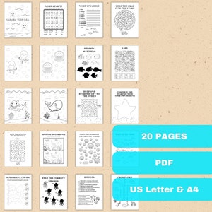 May include: A black and white printable activity book with 20 pages of ocean-themed puzzles and games. The book includes word searches, mazes, spot the difference, and more. The book is available in US Letter and A4 sizes.